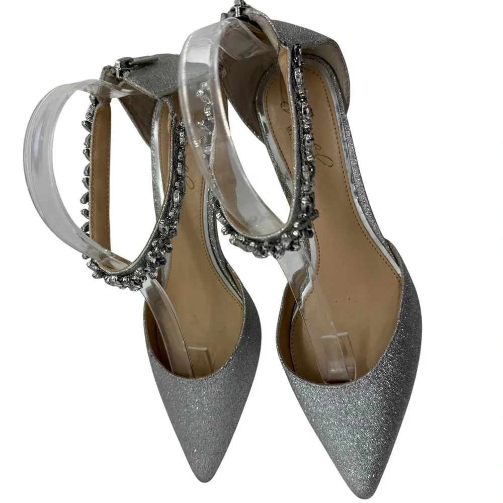 Jewel‎ Badgley Mischka Robles Kitten Heel Silver Glitter Crystal Ankle Strap 8.5